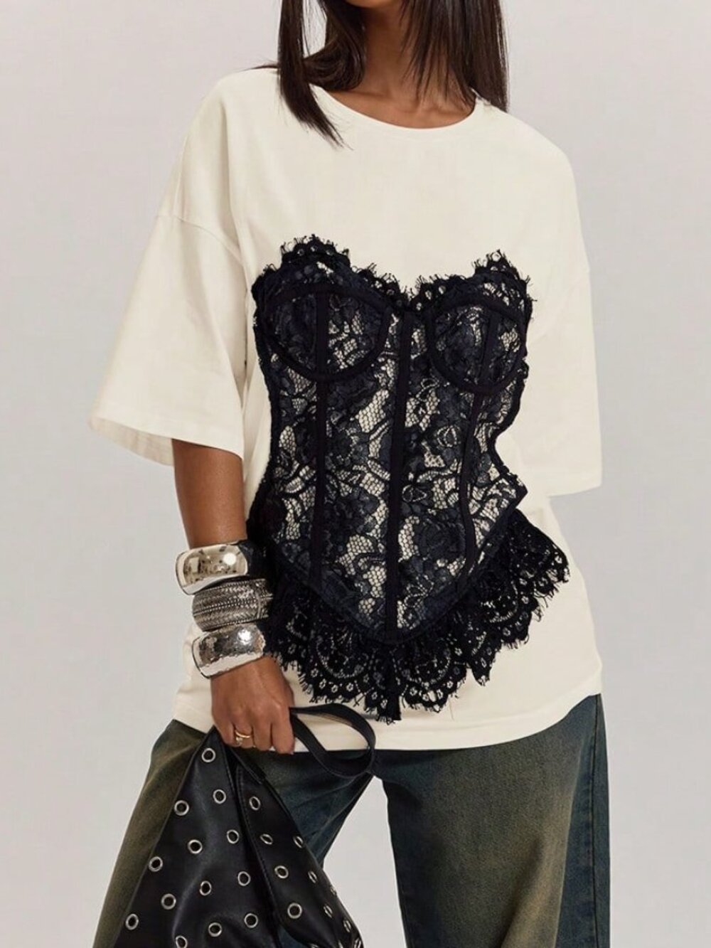 Apricot Casual Women's Elegant Holiday Lace Bodice Patchwork Loose T-Shirt